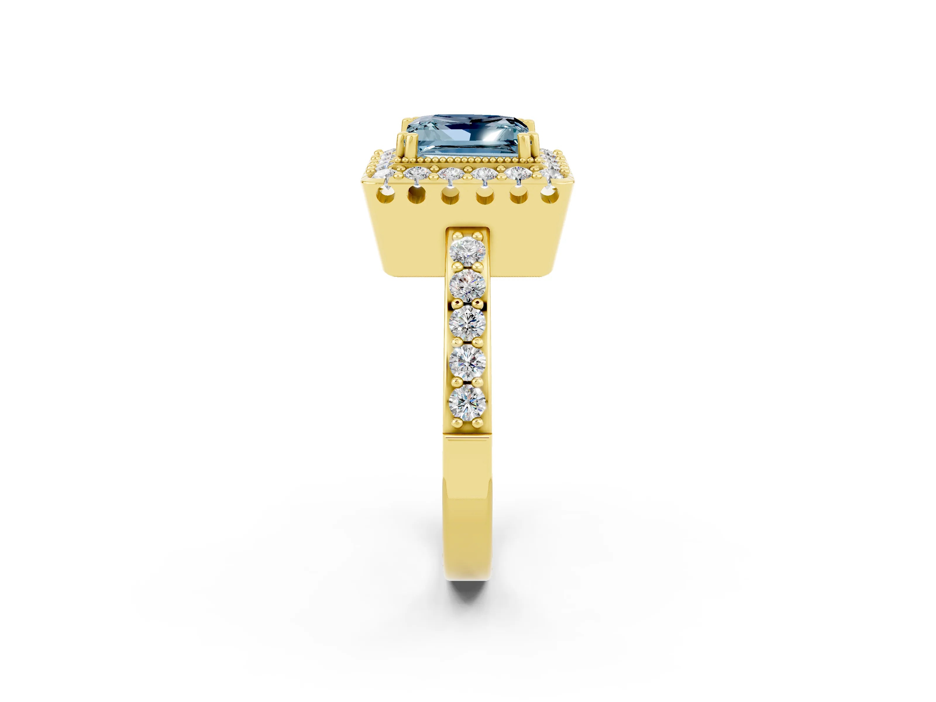 Yellow gold Princess Cut Diamond Halo Ring with Pavé Band and Prong Setting_2