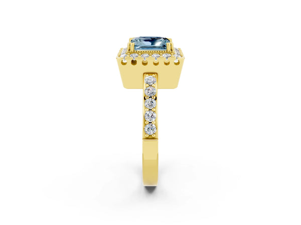 Yellow gold Princess Cut Aquamarine Halo Ring with Pavé Band and Prong Setting