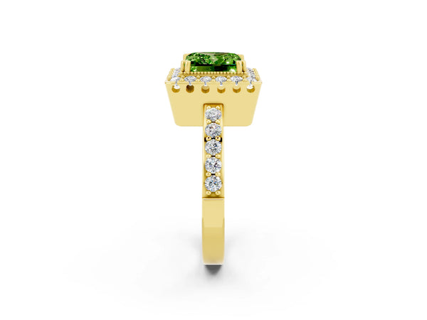 Yellow gold Princess Cut Peridot Halo Ring with Pavé Band and Prong Setting