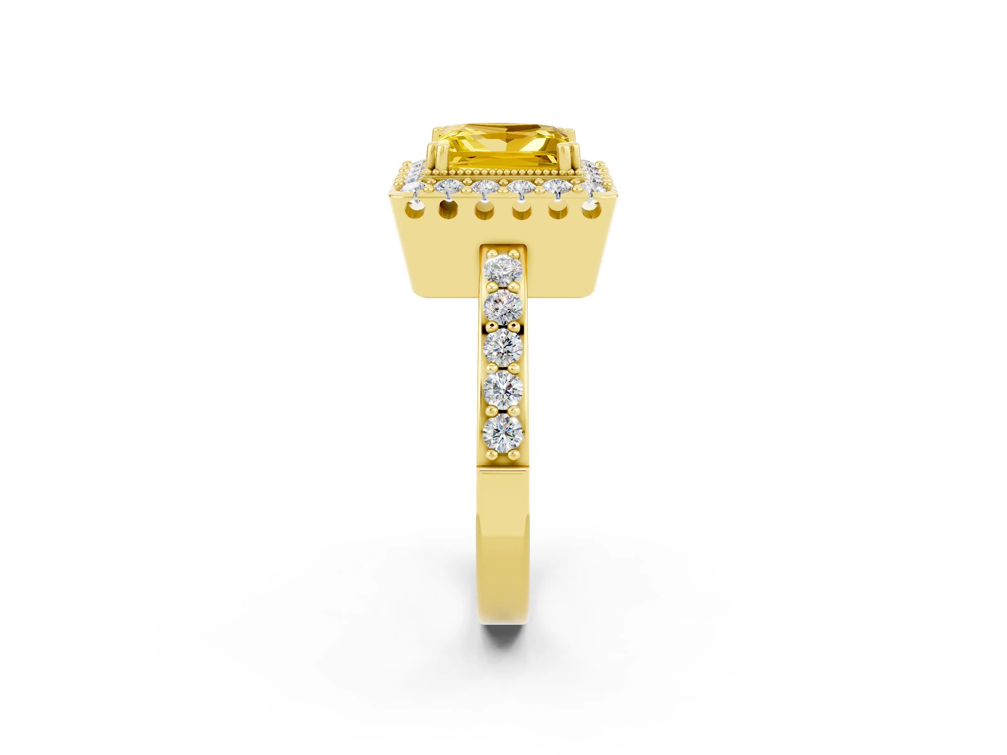 Yellow gold Princess Cut Diamond Halo Ring with Pavé Band and Prong Setting_2