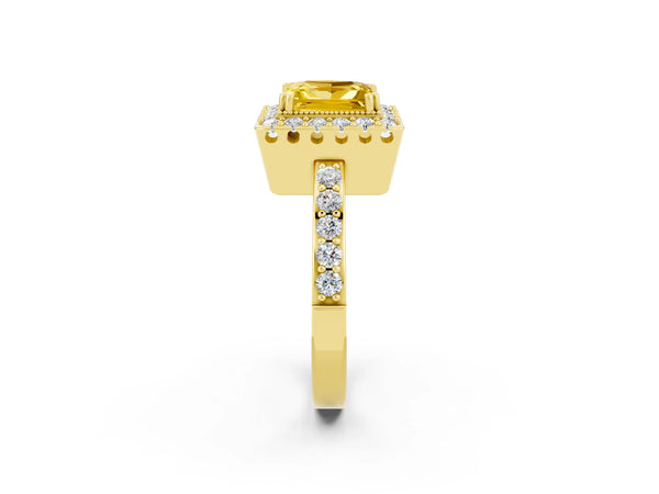 Yellow gold Princess Cut Yellow Sapphire Halo Ring with Pavé Band and Prong Setting