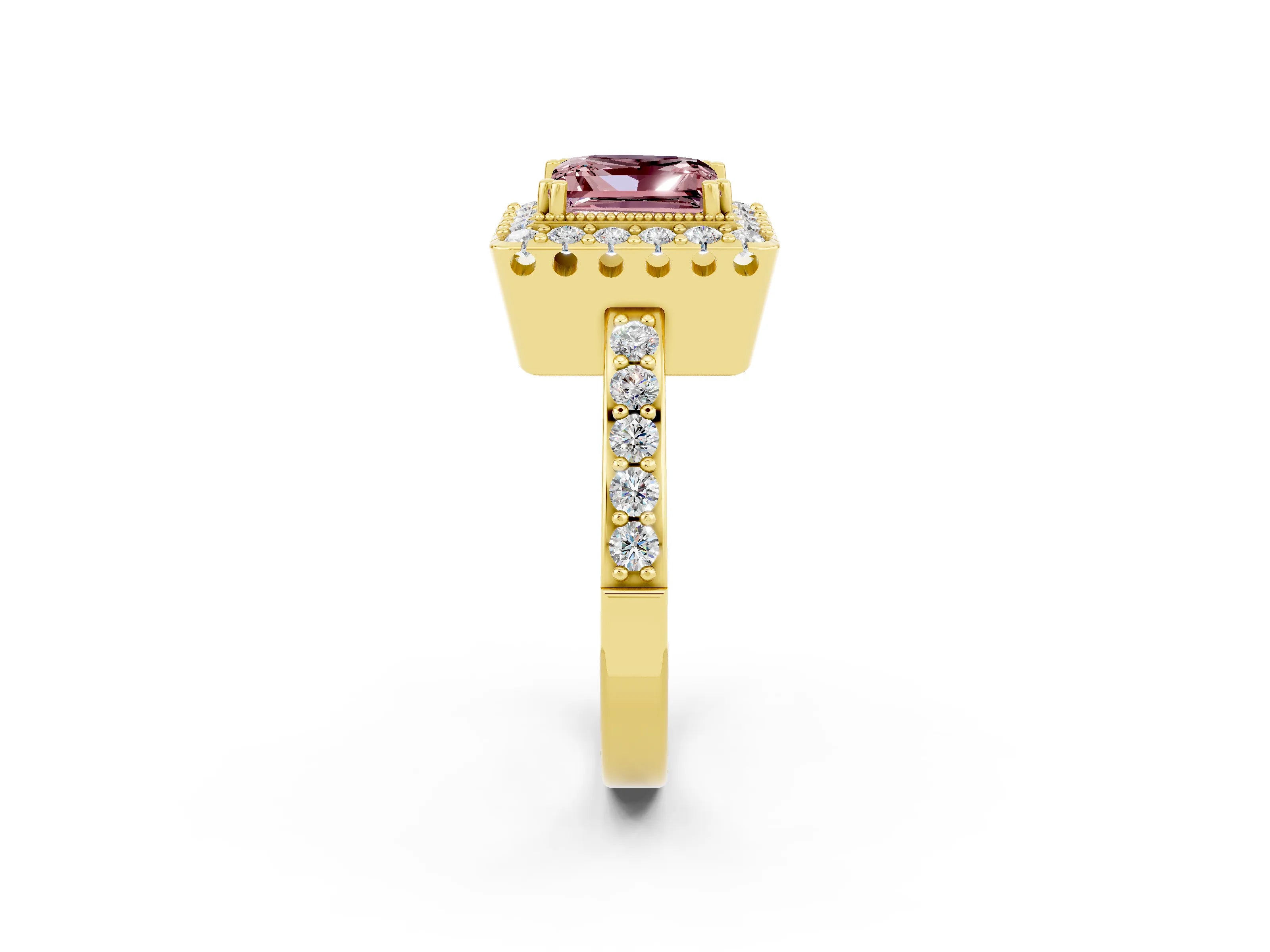 Yellow gold Princess Cut Diamond Halo Ring with Pavé Band and Prong Setting_2