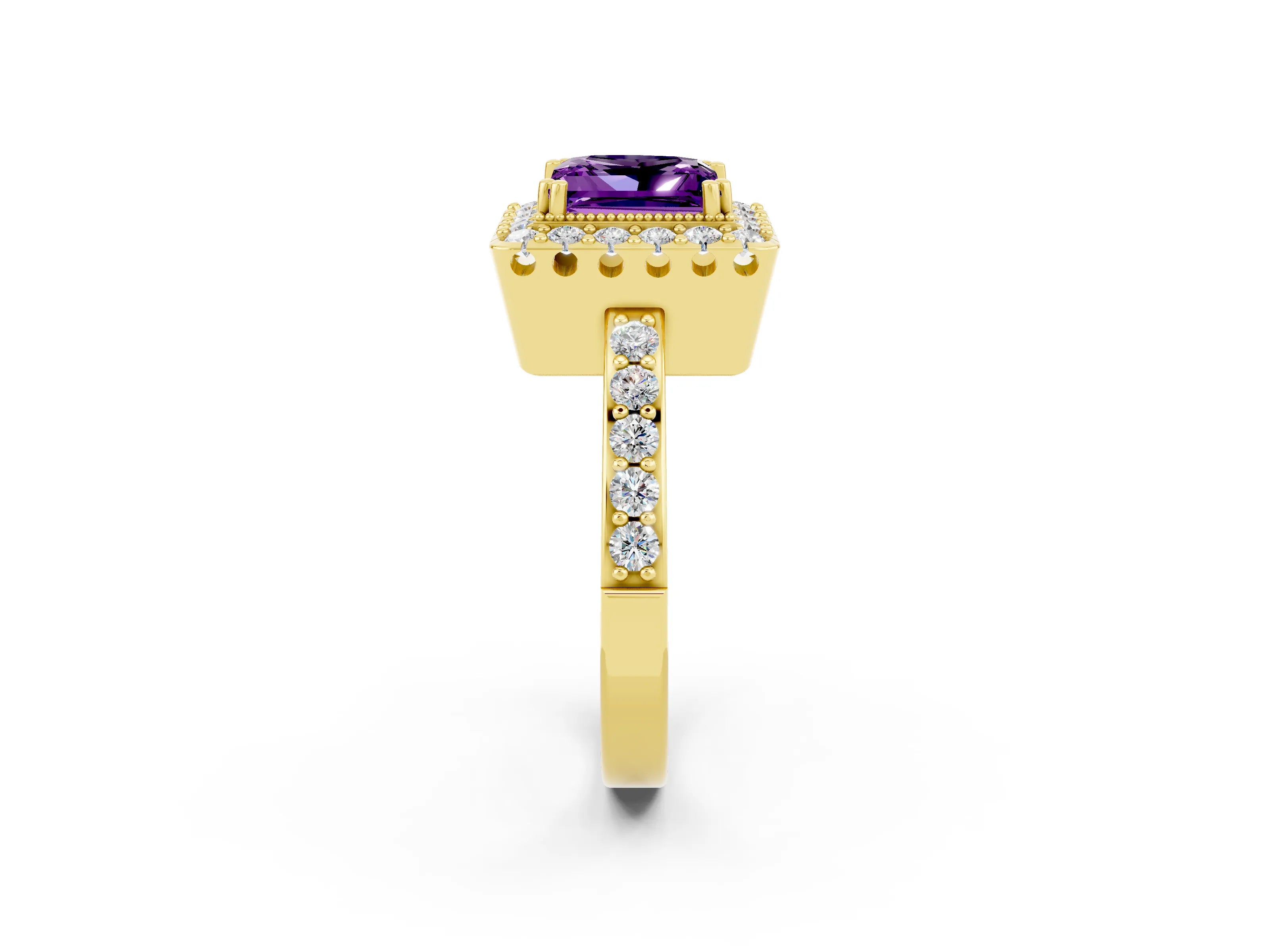 Yellow gold Princess Cut Diamond Halo Ring with Pavé Band and Prong Setting_2