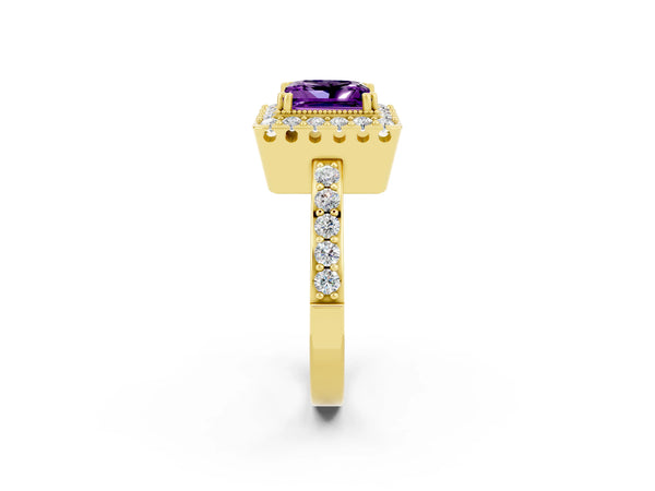 Yellow gold Princess Cut Amethyst Halo Ring with Pavé Band and Prong Setting