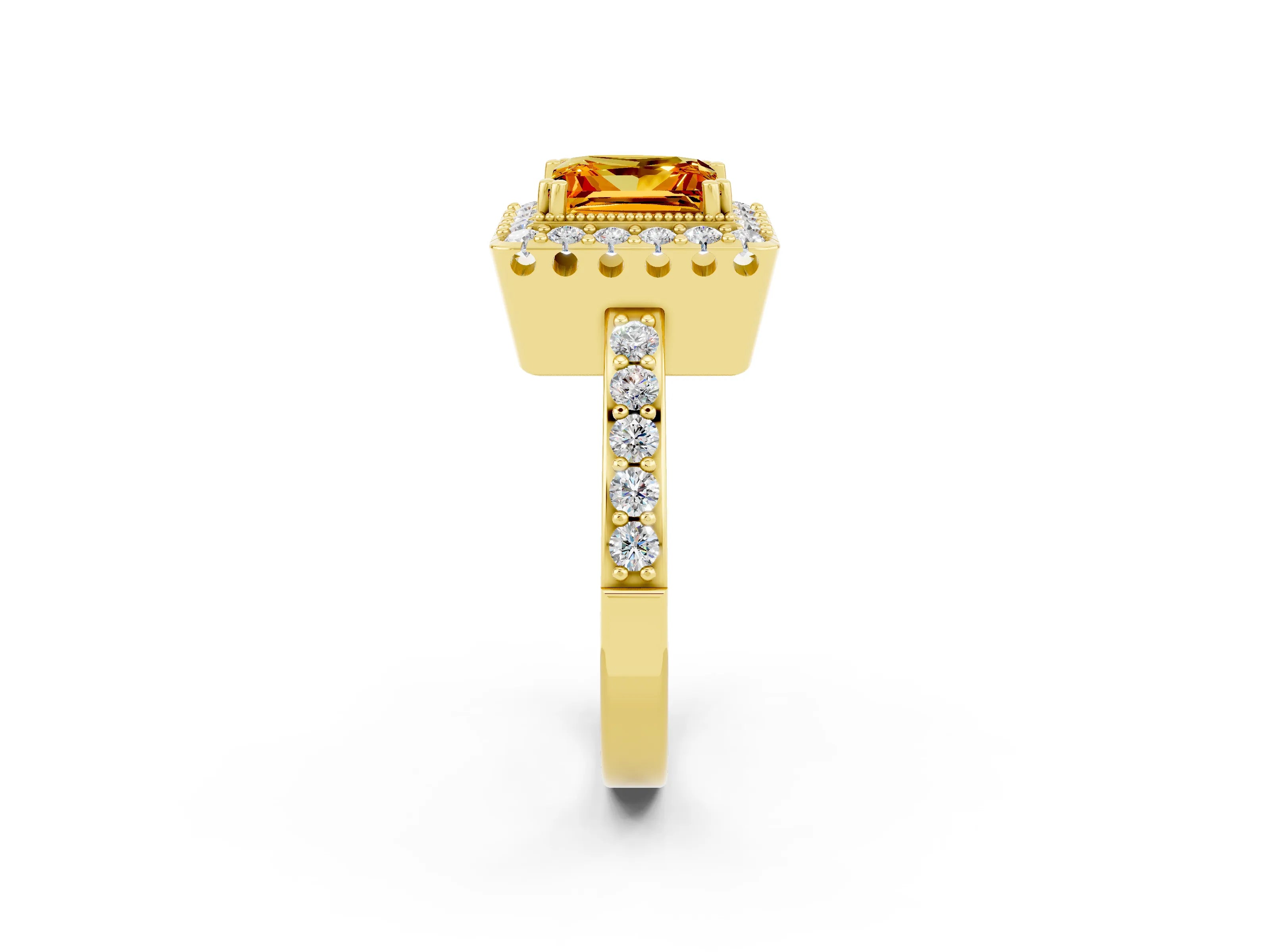 Yellow gold Princess Cut Diamond Halo Ring with Pavé Band and Prong Setting_2