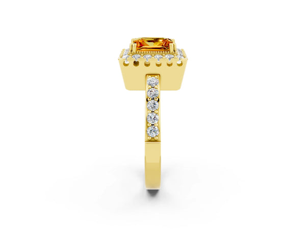 Yellow gold Princess Cut Citrine Halo Ring with Pavé Band and Prong Setting