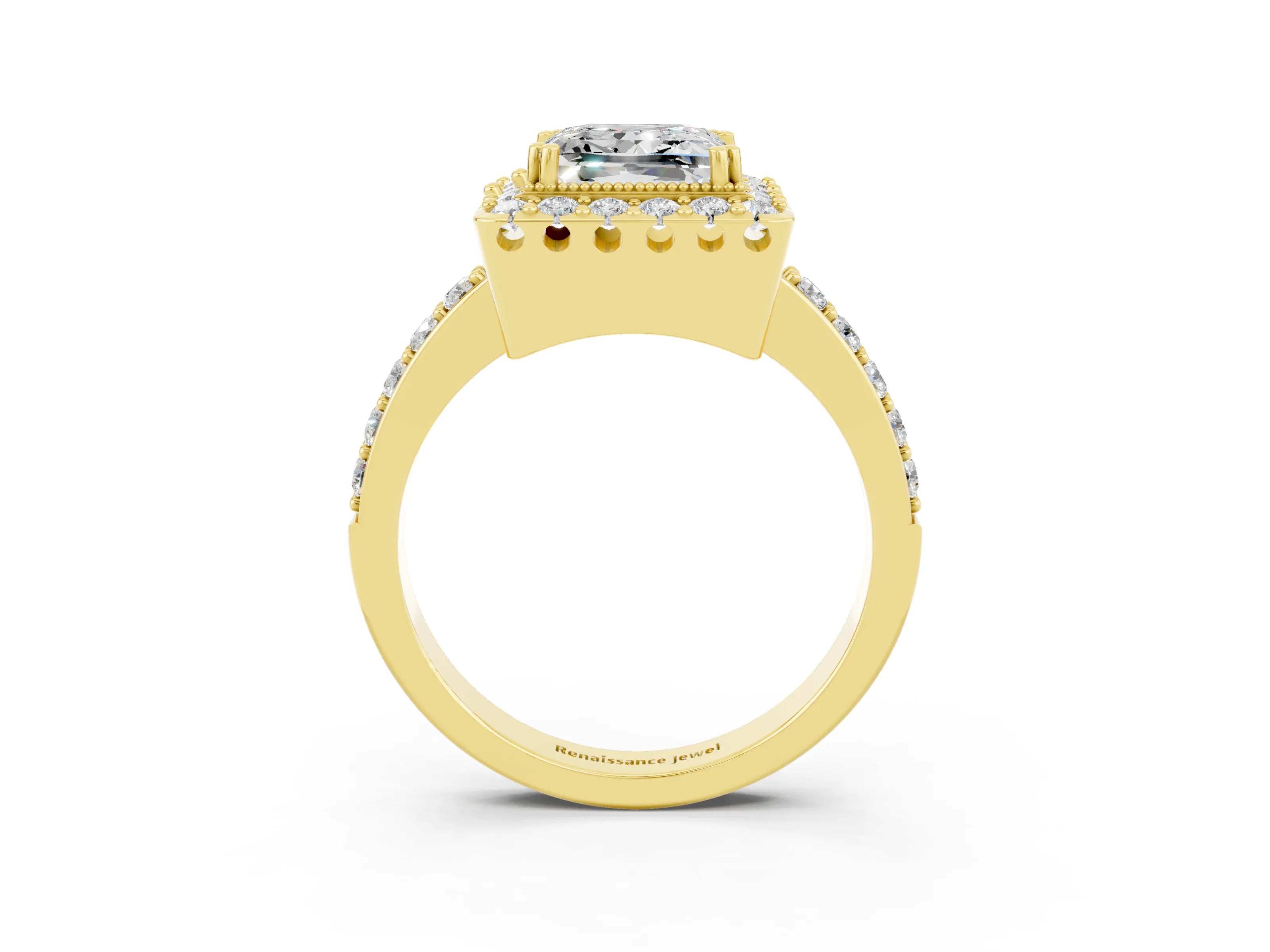 Yellow gold Princess Cut Diamond Halo Ring with Pavé Band and Prong Setting_3