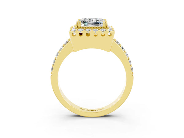 Yellow gold Princess Cut Moissanite Halo Ring with Pavé Band and Prong Setting