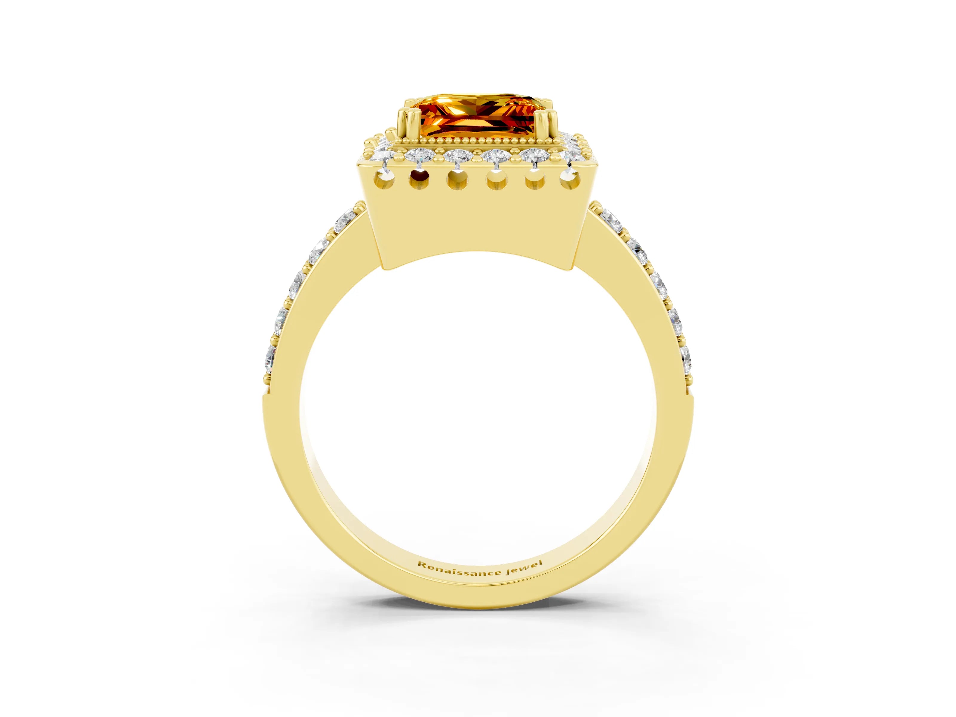 Yellow gold Princess Cut Diamond Halo Ring with Pavé Band and Prong Setting_3