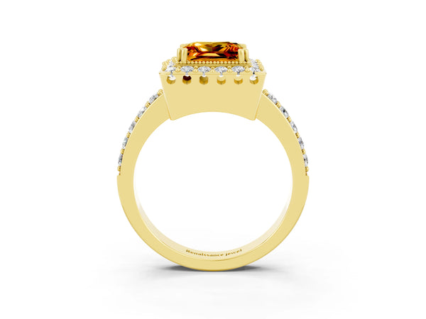 Yellow gold Princess Cut Citrine Halo Ring with Pavé Band and Prong Setting