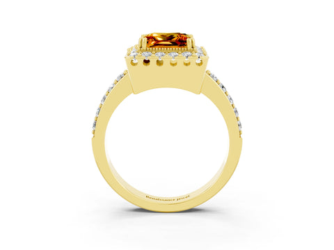 Yellow gold Princess Cut Diamond Halo Ring with Pavé Band and Prong Setting_3