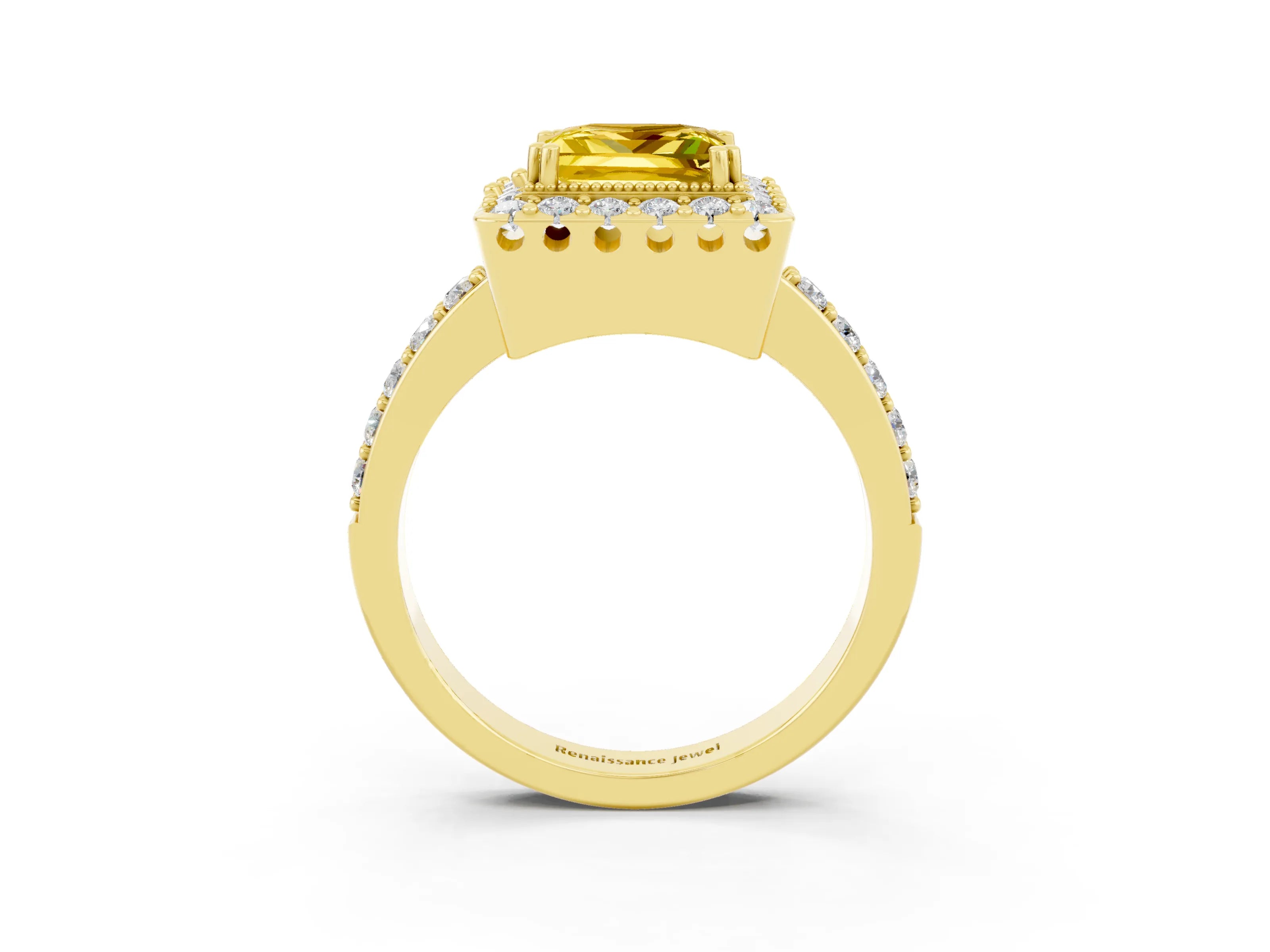 Yellow gold Princess Cut Diamond Halo Ring with Pavé Band and Prong Setting_3