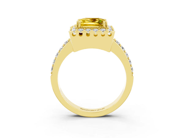 Yellow gold Princess Cut Yellow Sapphire Halo Ring with Pavé Band and Prong Setting