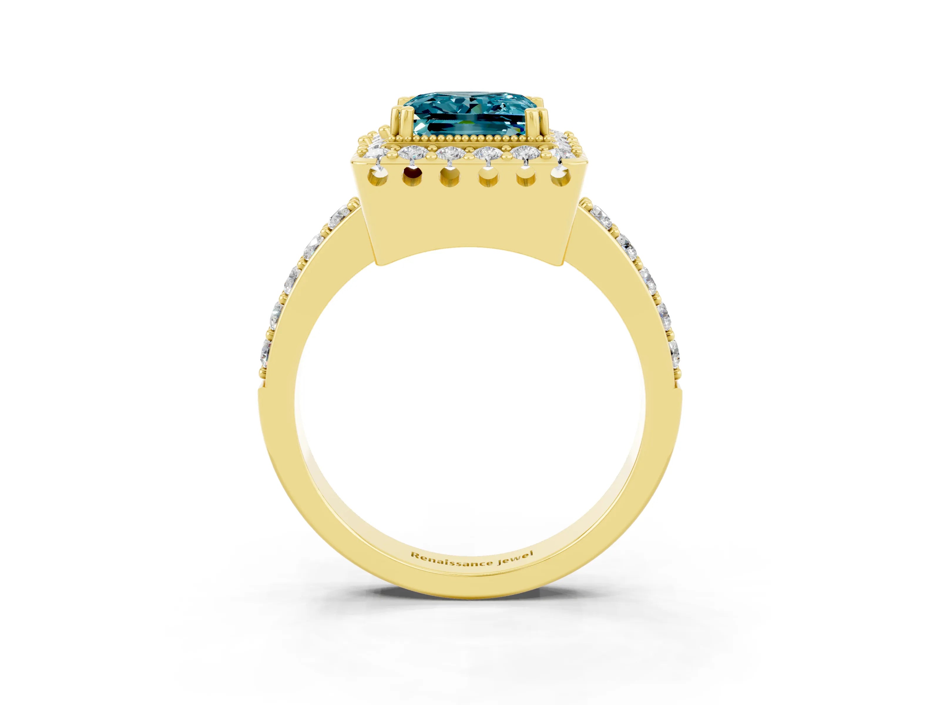Yellow gold Princess Cut Diamond Halo Ring with Pavé Band and Prong Setting_3