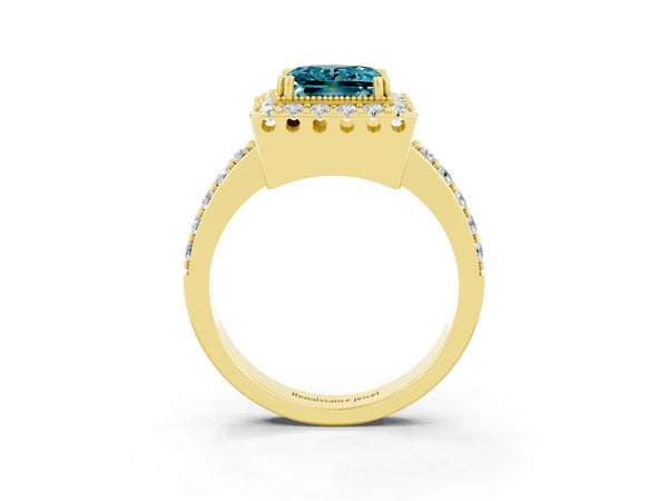 Yellow gold Princess Cut Blue Topaz Halo Ring with Pavé Band and Prong Setting