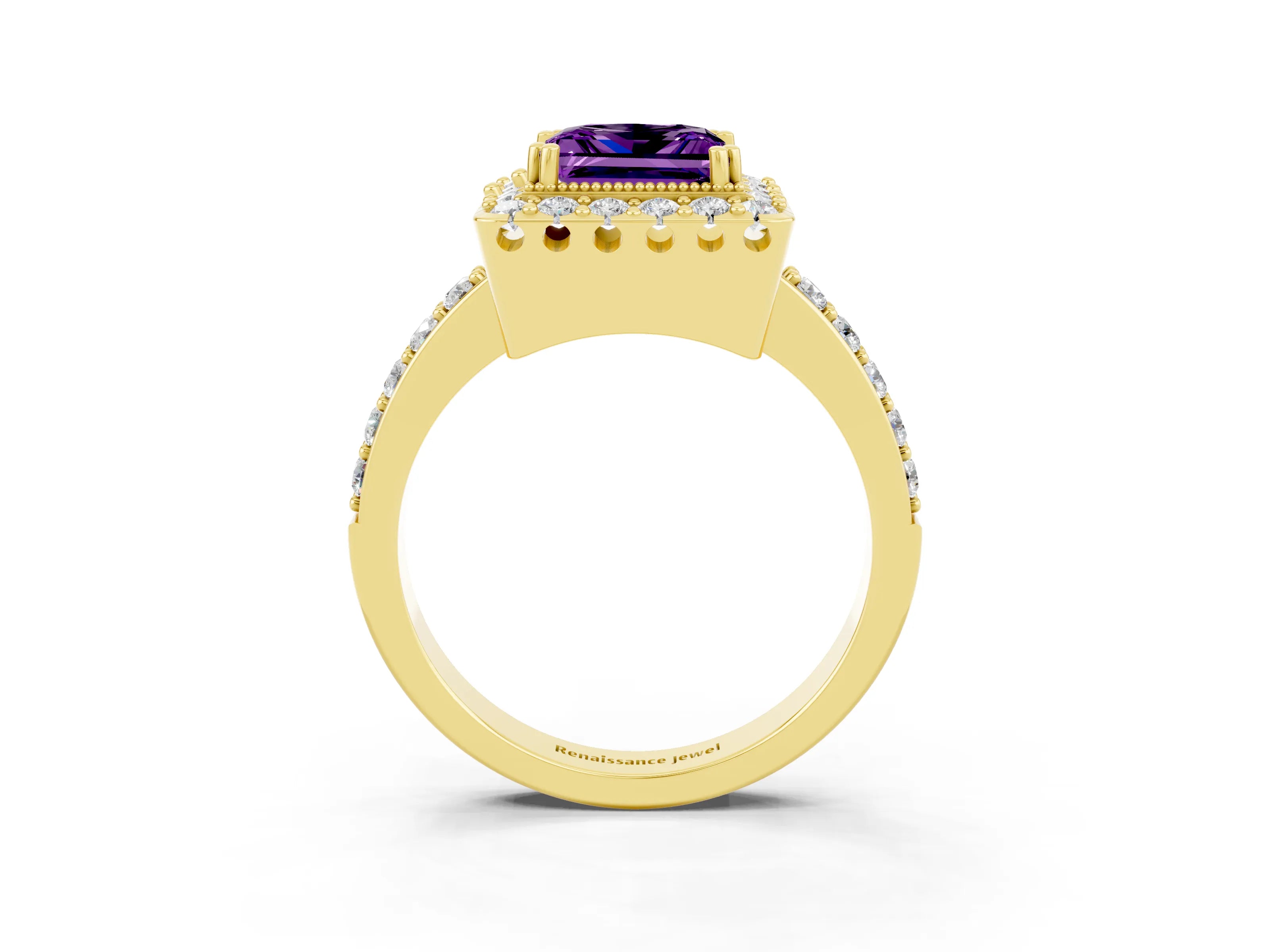Yellow gold Princess Cut Diamond Halo Ring with Pavé Band and Prong Setting_3