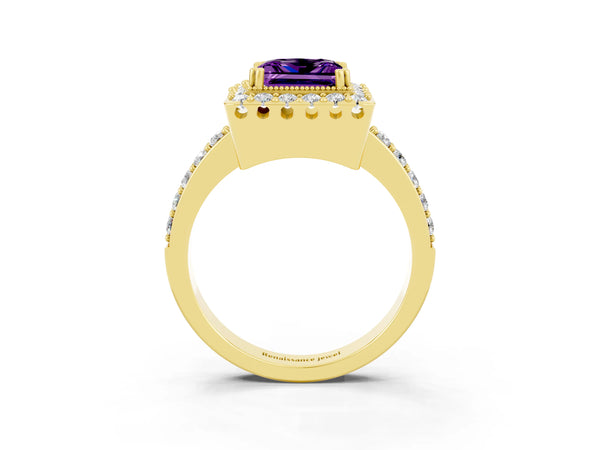 Yellow gold Princess Cut Amethyst Halo Ring with Pavé Band and Prong Setting