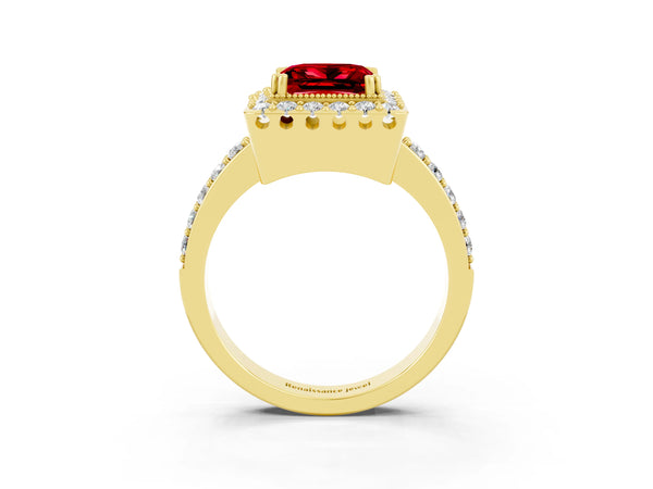 Yellow gold Princess Cut Ruby Halo Ring with Pavé Band and Prong Setting
