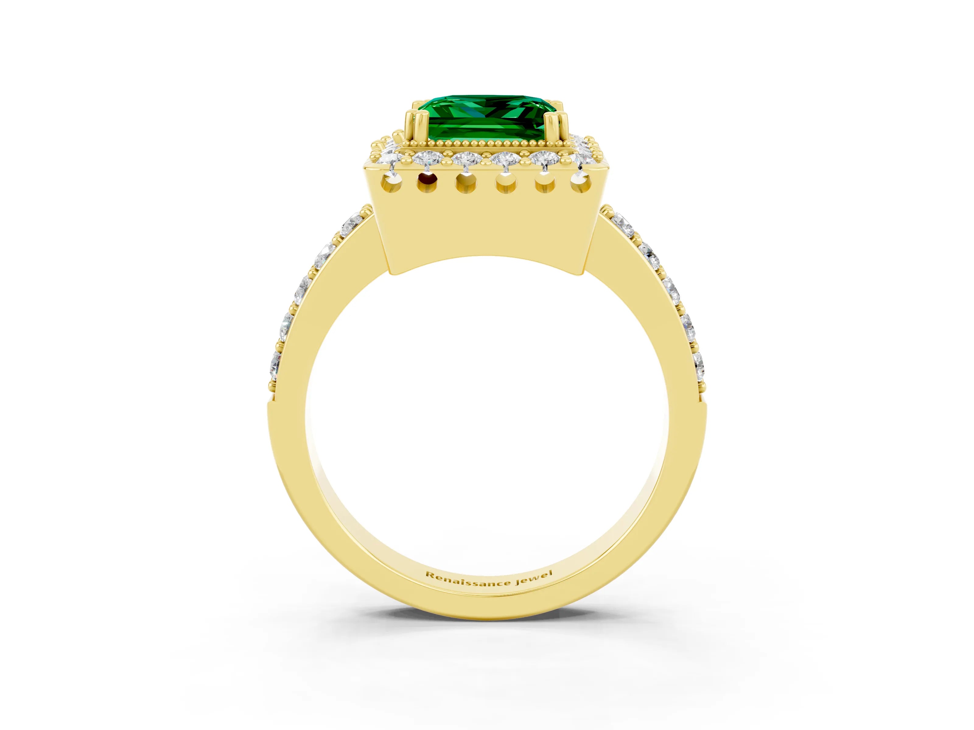 Yellow gold Princess Cut Diamond Halo Ring with Pavé Band and Prong Setting_3