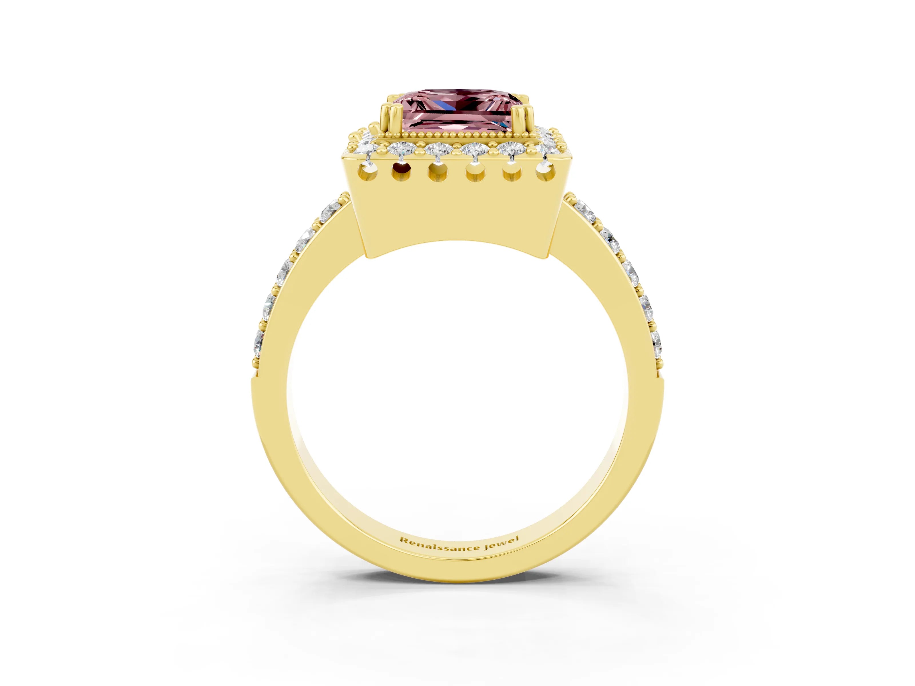 Yellow gold Princess Cut Diamond Halo Ring with Pavé Band and Prong Setting_3