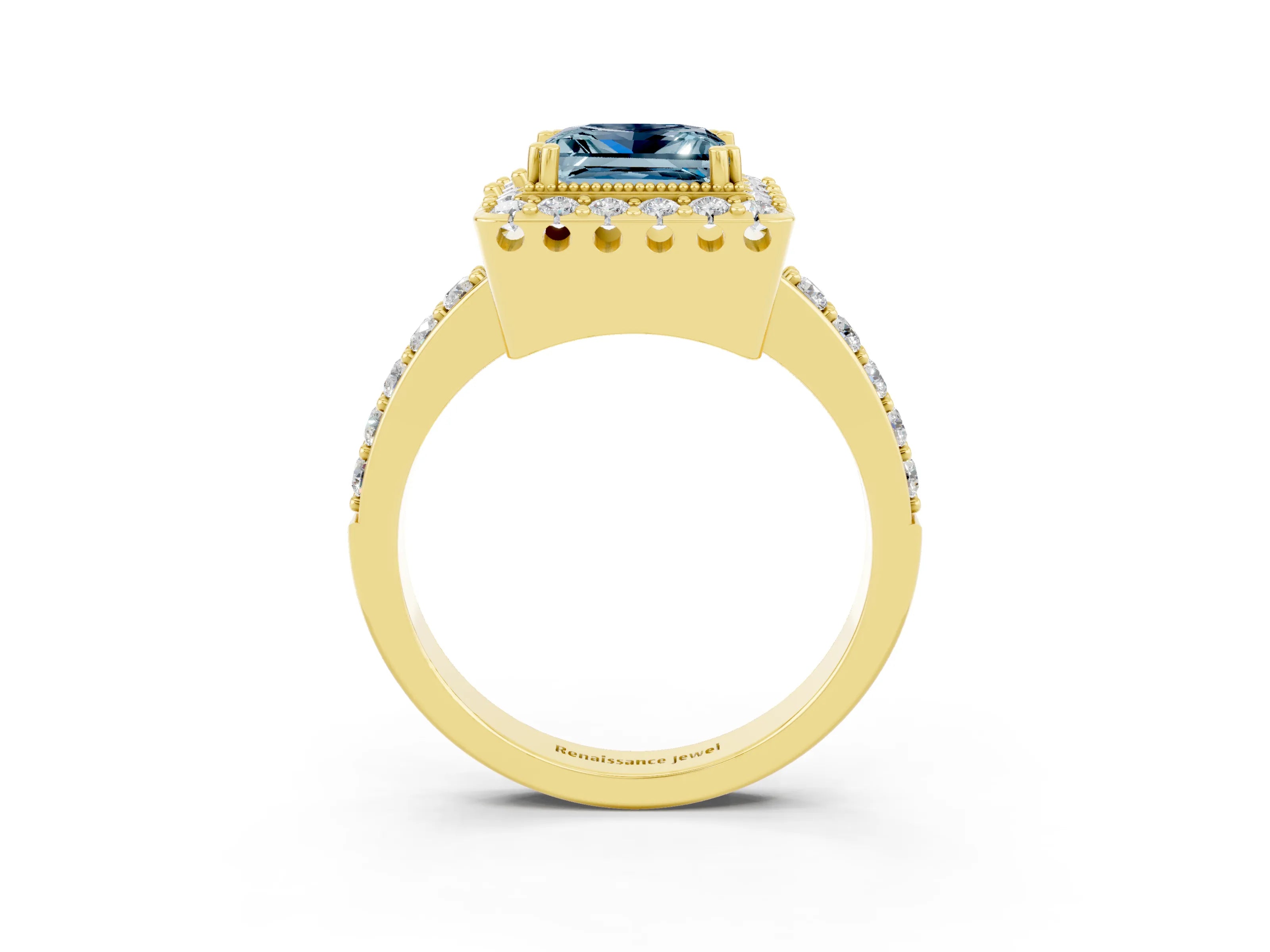 Yellow gold Princess Cut Diamond Halo Ring with Pavé Band and Prong Setting_3