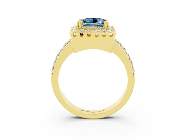 Yellow gold Princess Cut Aquamarine Halo Ring with Pavé Band and Prong Setting