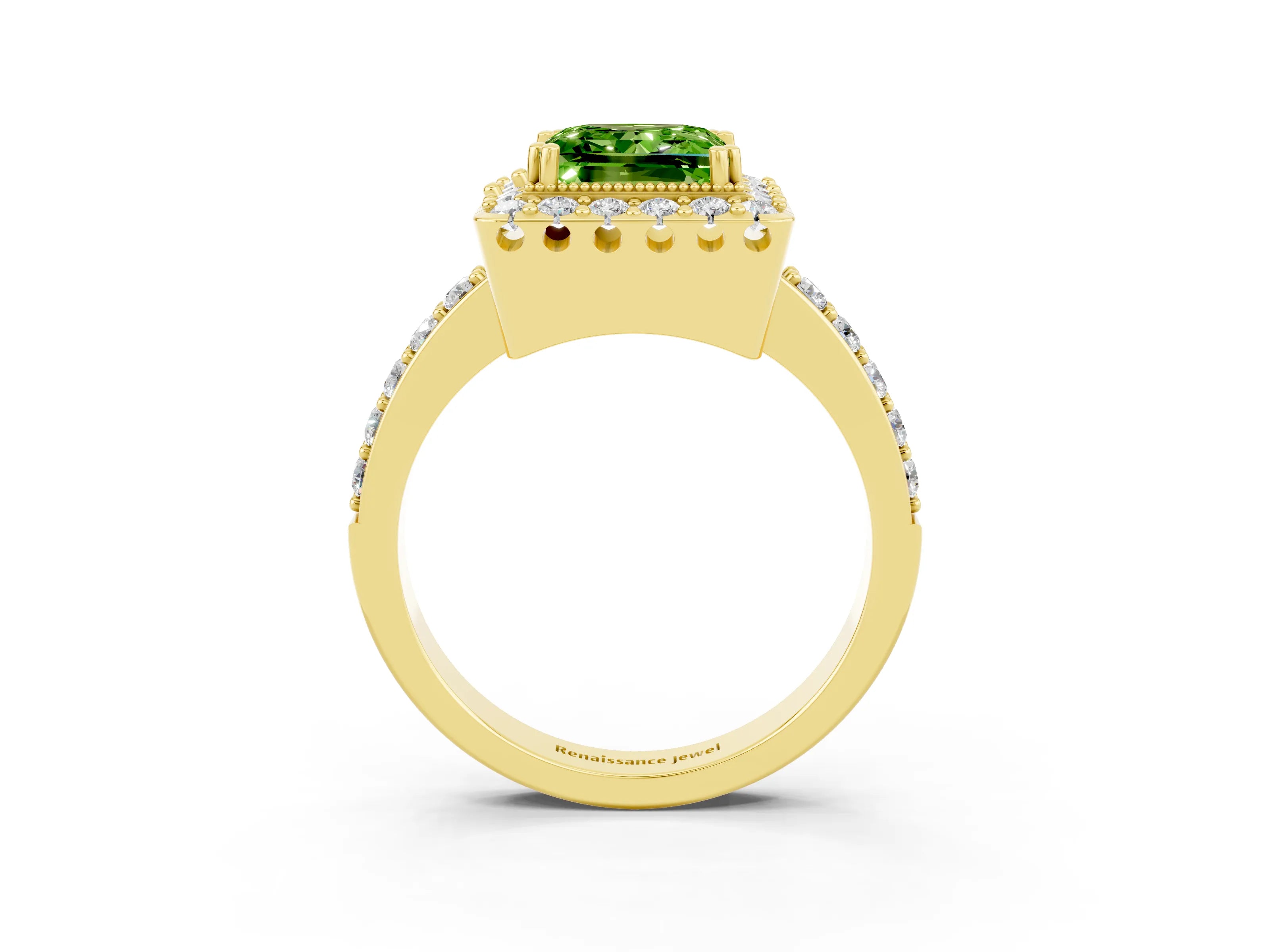 Yellow gold Princess Cut Diamond Halo Ring with Pavé Band and Prong Setting_3