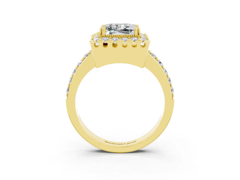 Yellow gold Princess Cut Diamond Halo Ring with Pavé Band and Prong Setting_3