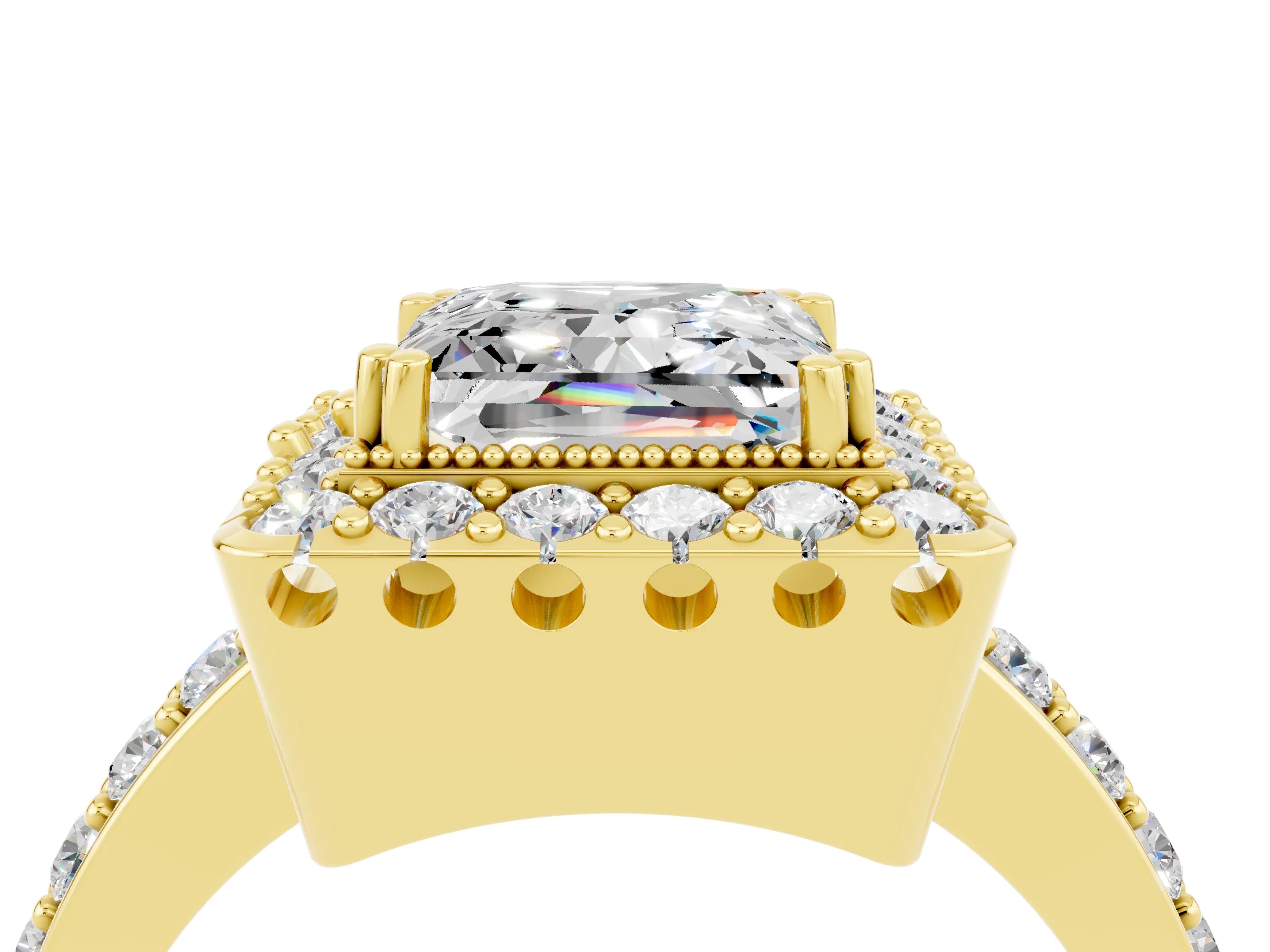 Yellow gold Princess Cut Diamond Halo Ring with Pavé Band and Prong Setting_4