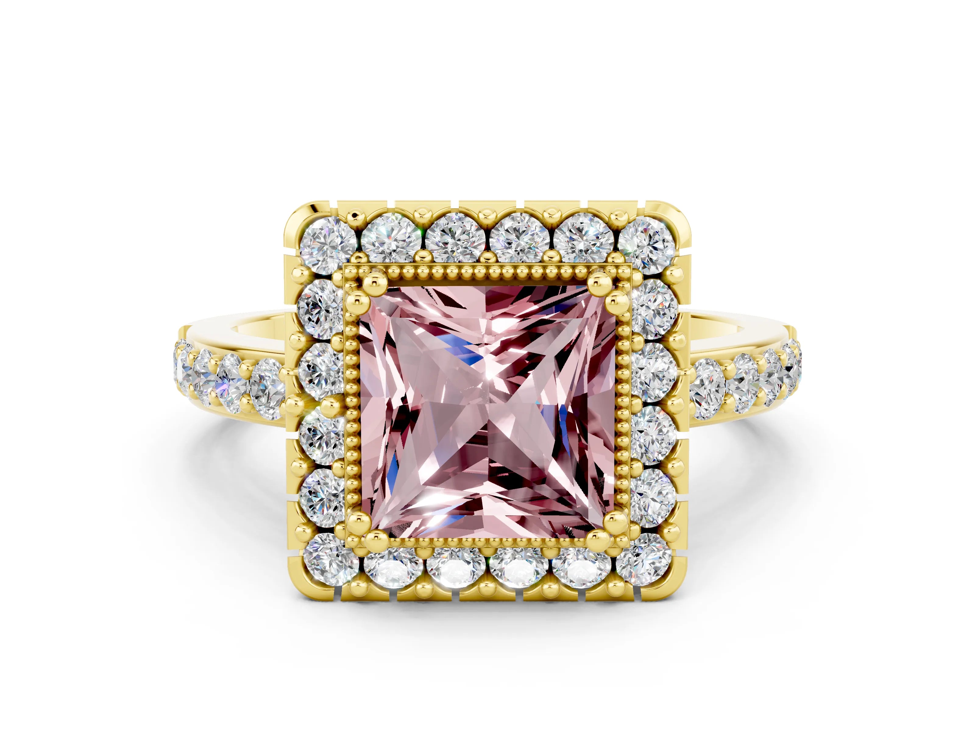 Yellow gold Princess Cut Diamond Halo Ring with Pavé Band and Prong Setting