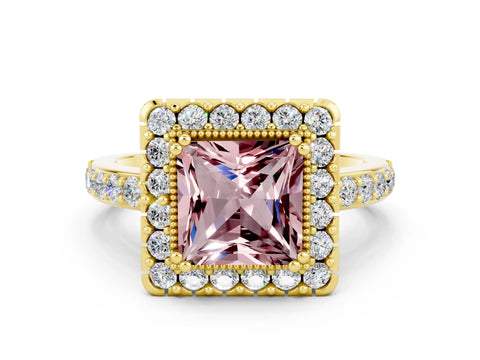 Yellow gold Princess Cut Diamond Halo Ring with Pavé Band and Prong Setting