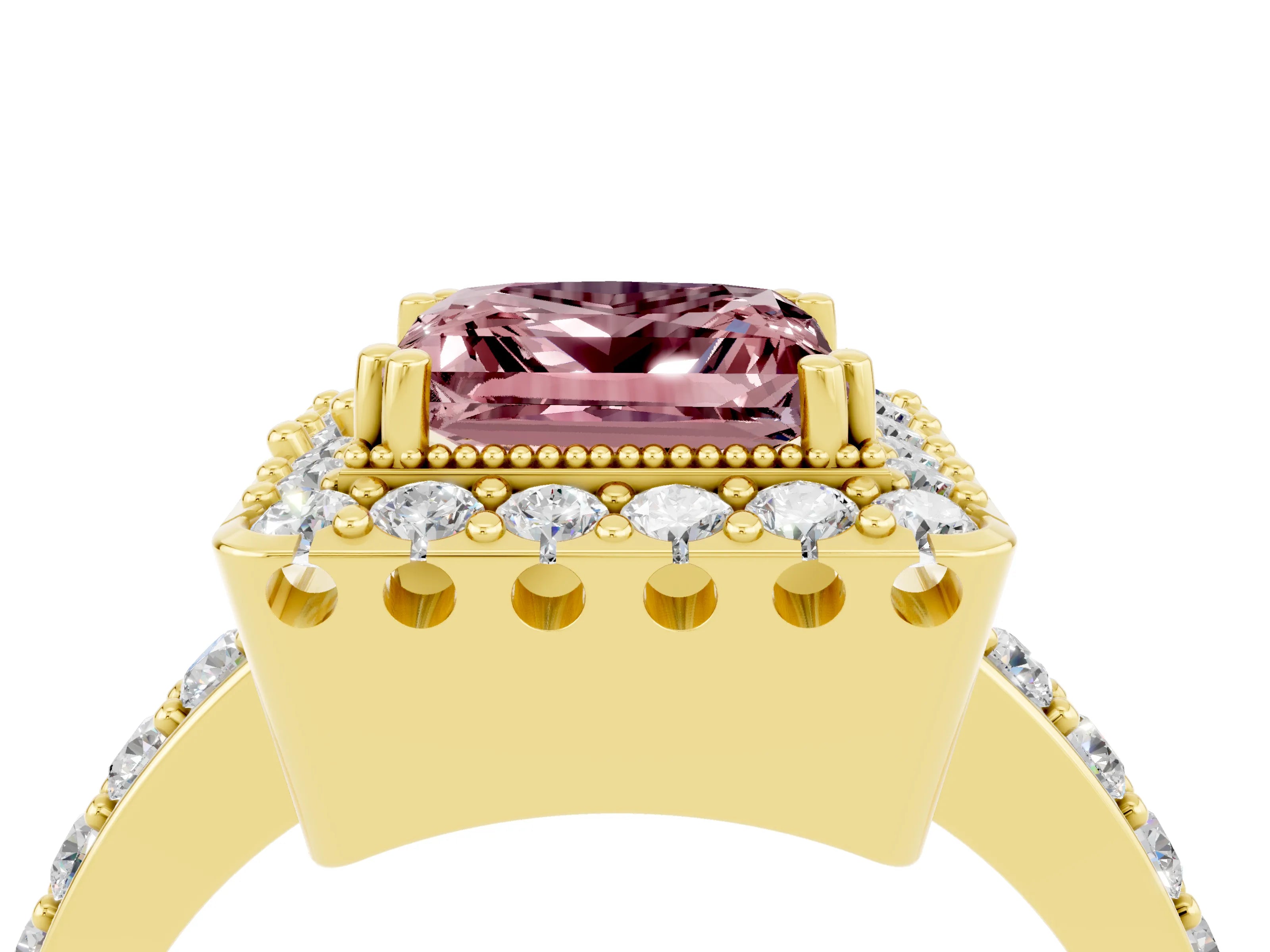 Yellow gold Princess Cut Diamond Halo Ring with Pavé Band and Prong Setting_4