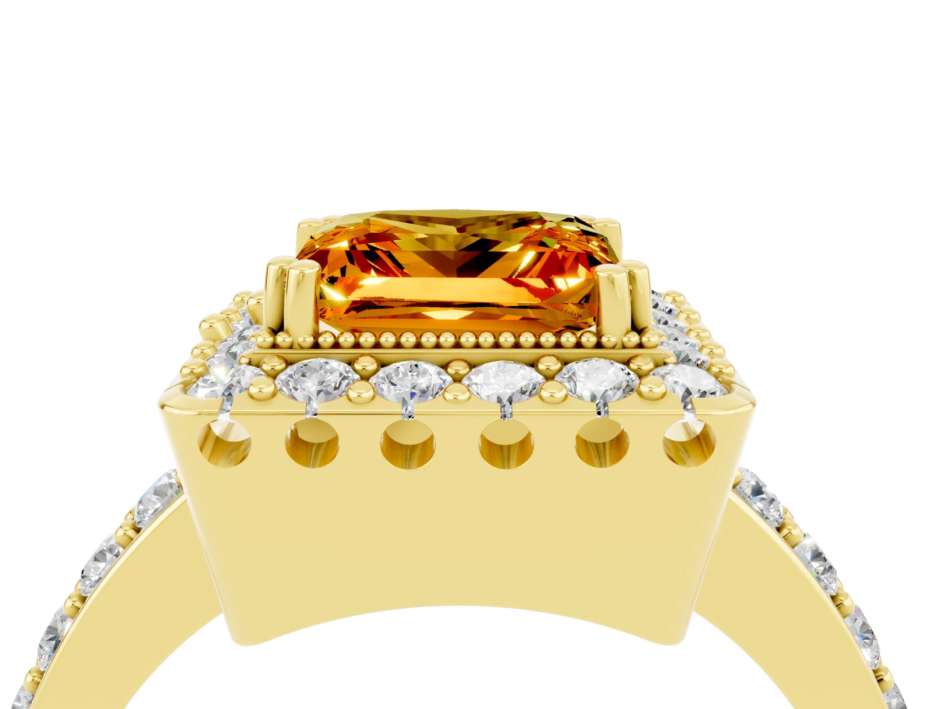 Yellow gold Princess Cut Diamond Halo Ring with Pavé Band and Prong Setting_4