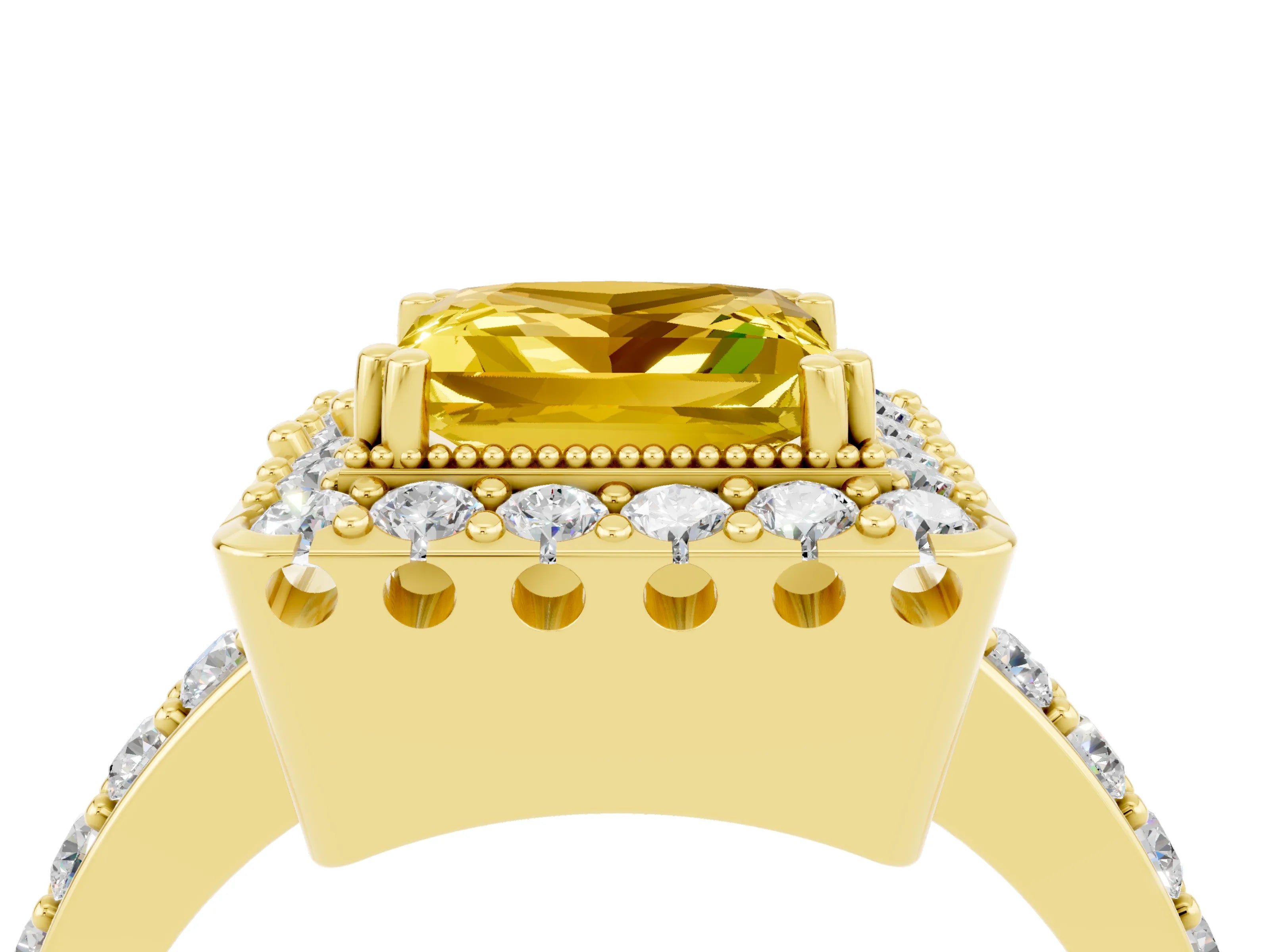 Yellow gold Princess Cut Diamond Halo Ring with Pavé Band and Prong Setting_4