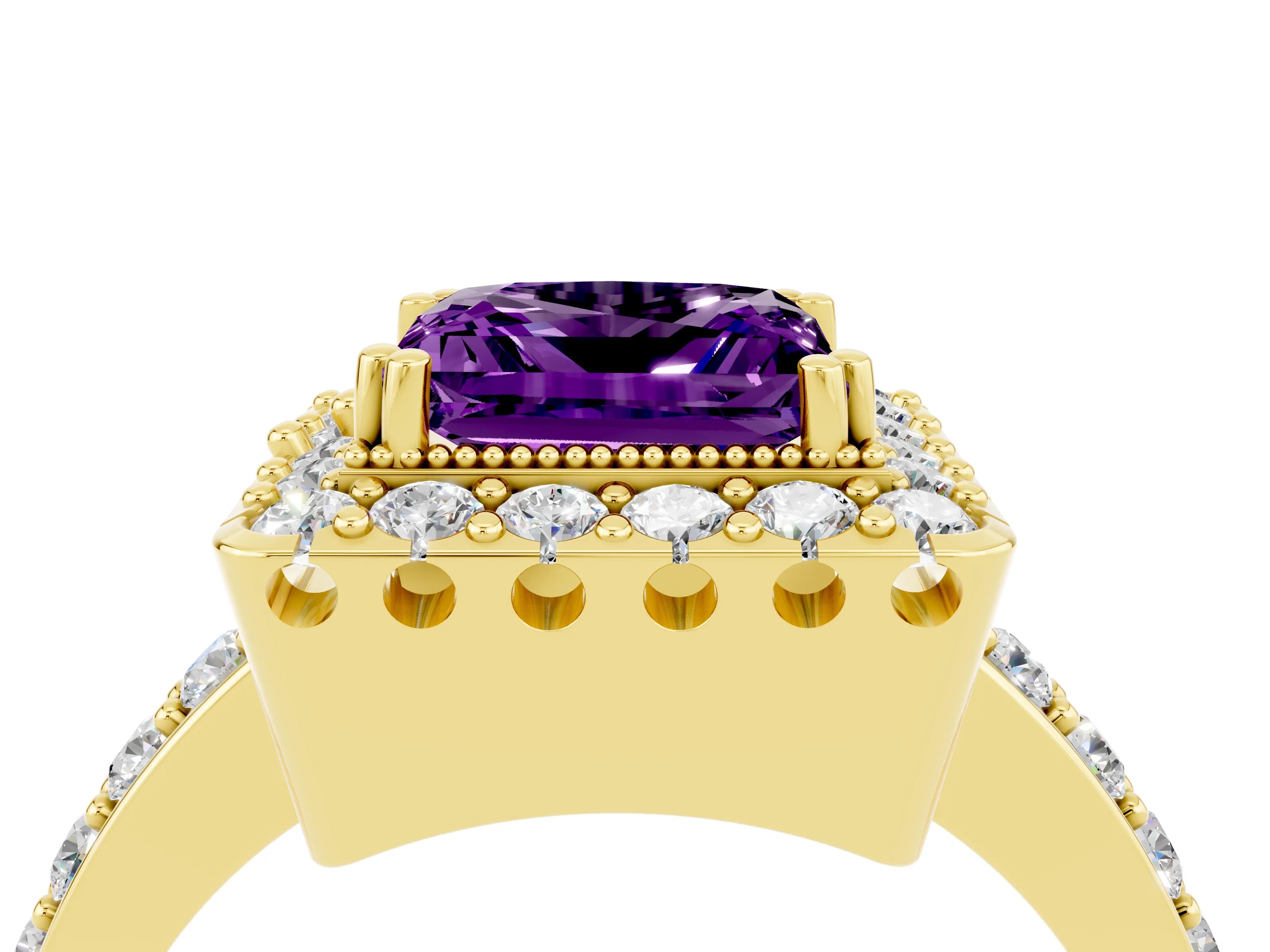 Yellow gold Princess Cut Diamond Halo Ring with Pavé Band and Prong Setting_4