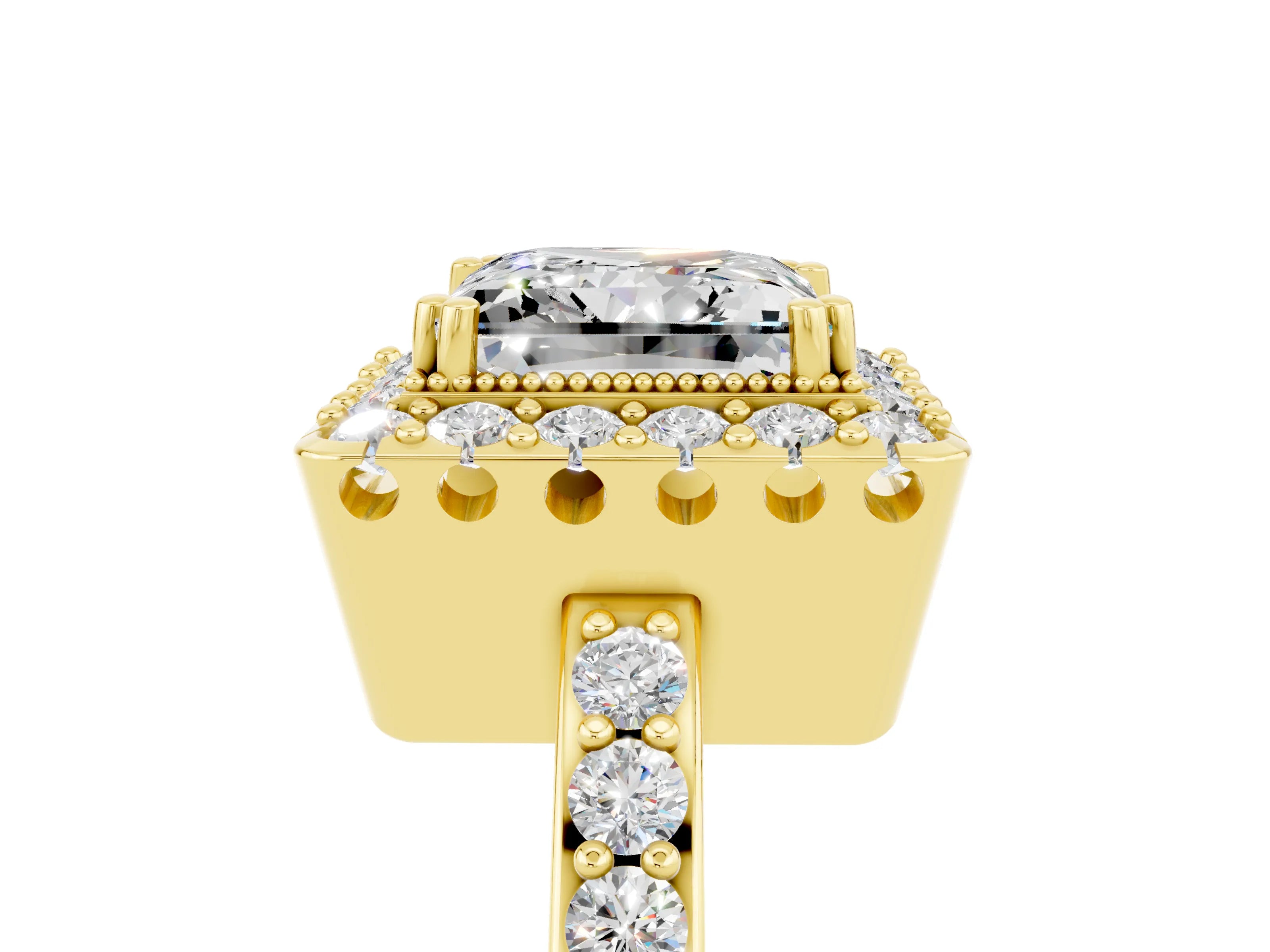 Yellow gold Princess Cut Diamond Halo Ring with Pavé Band and Prong Setting_5