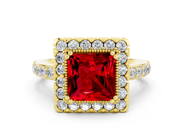 Yellow gold Princess Cut Ruby Halo Ring with Pavé Band and Prong Setting