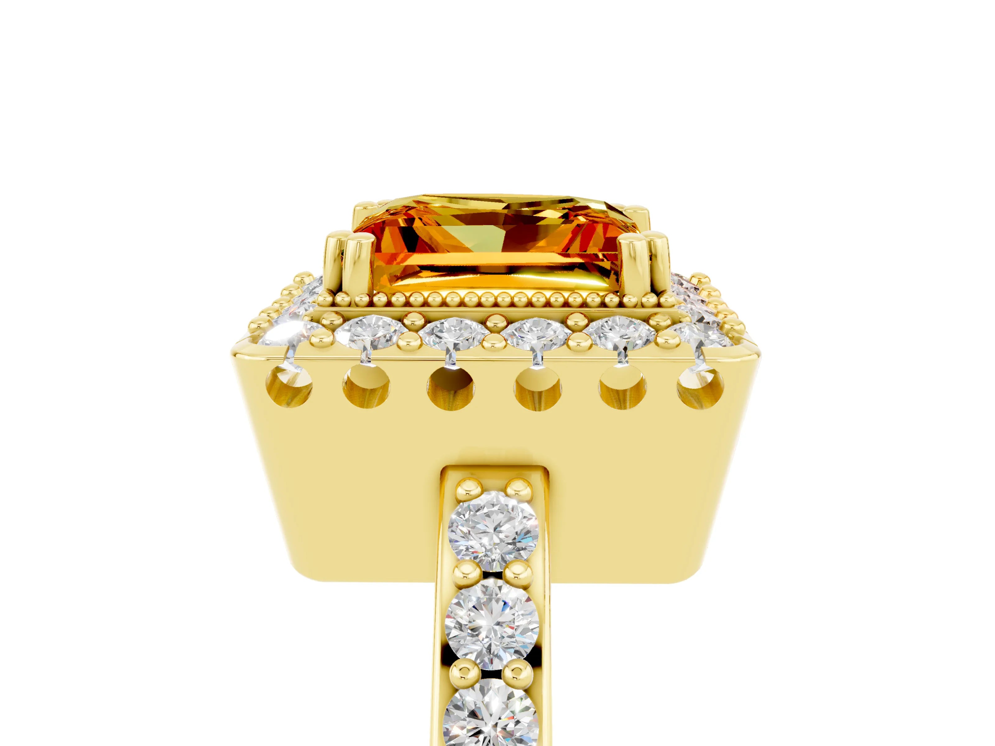 Yellow gold Princess Cut Diamond Halo Ring with Pavé Band and Prong Setting_5