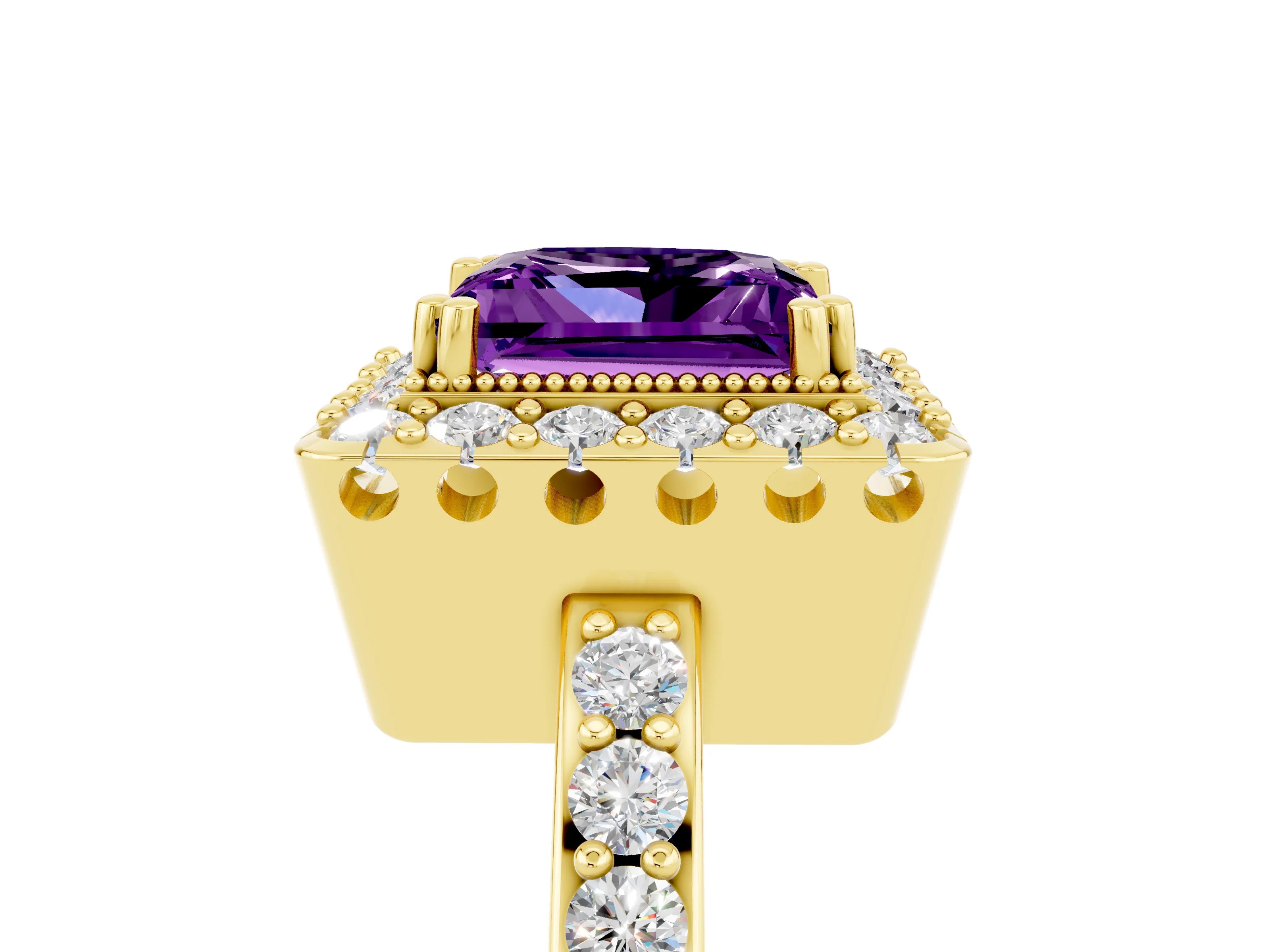 Yellow gold Princess Cut Diamond Halo Ring with Pavé Band and Prong Setting_5