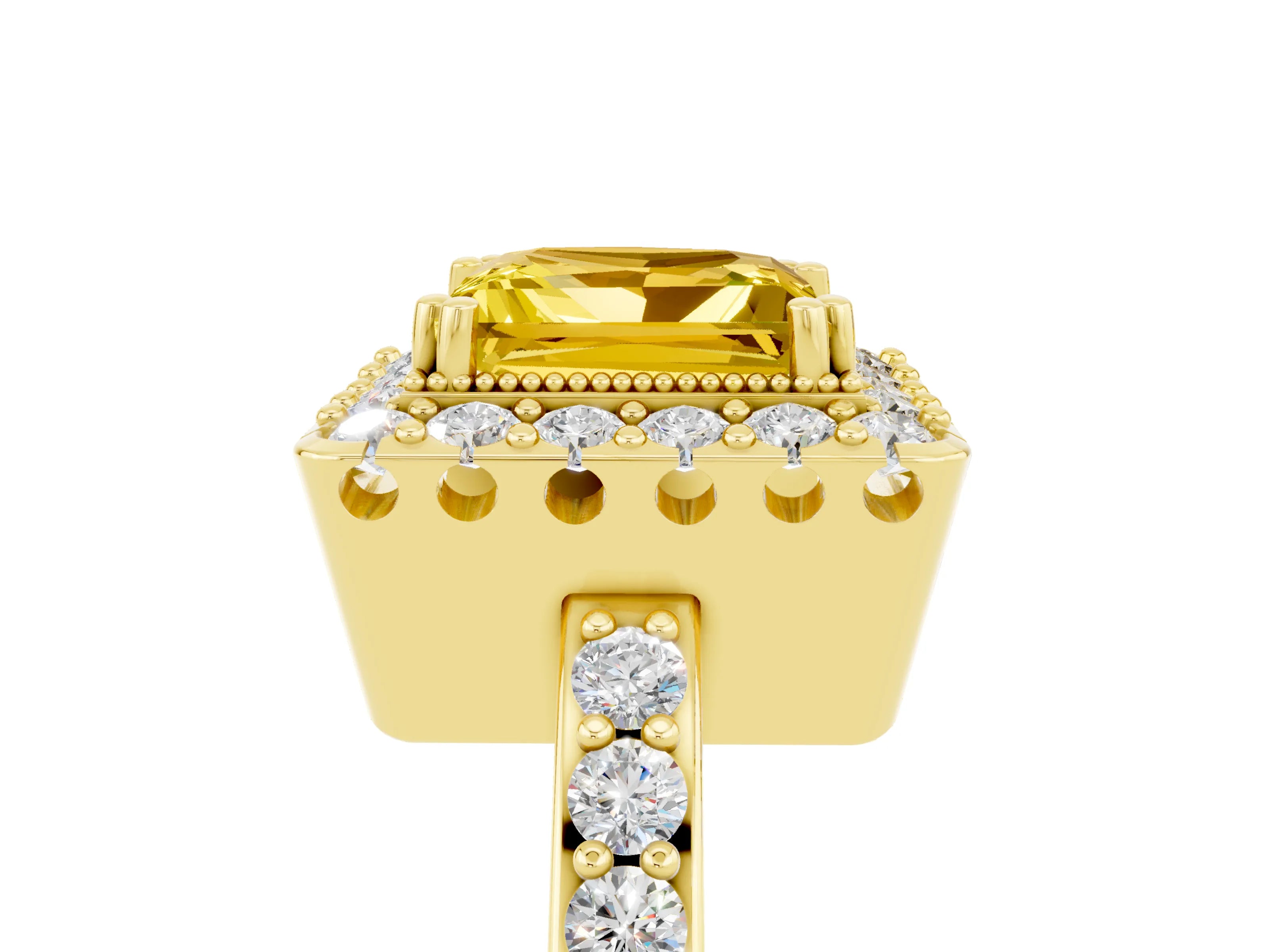 Yellow gold Princess Cut Diamond Halo Ring with Pavé Band and Prong Setting_5
