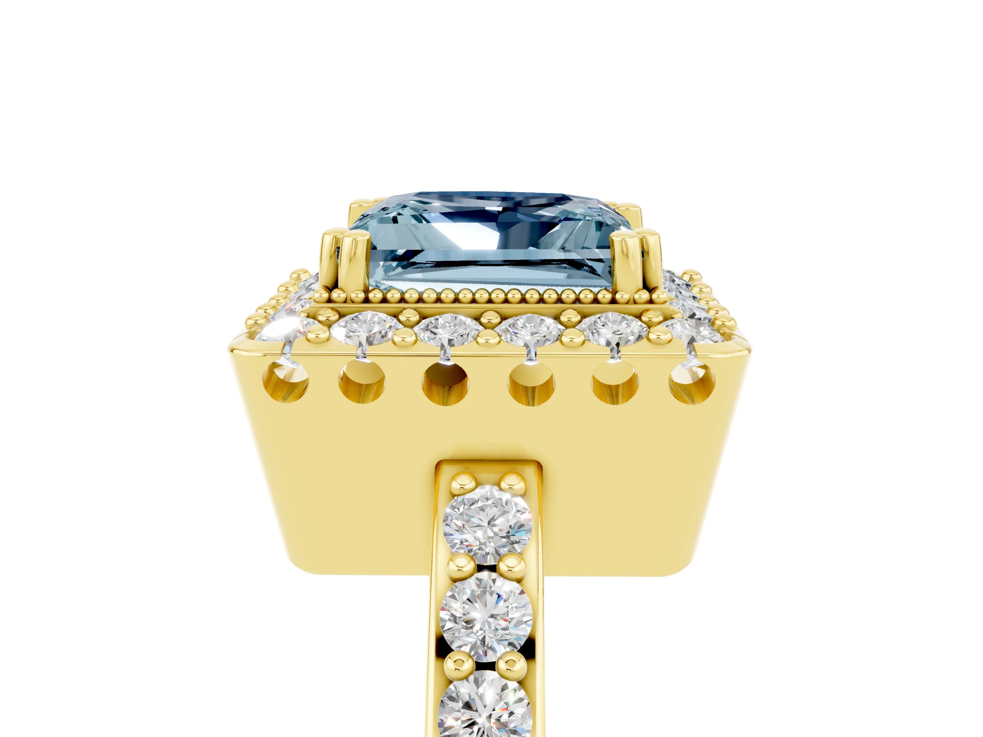 Yellow gold Princess Cut Diamond Halo Ring with Pavé Band and Prong Setting_5