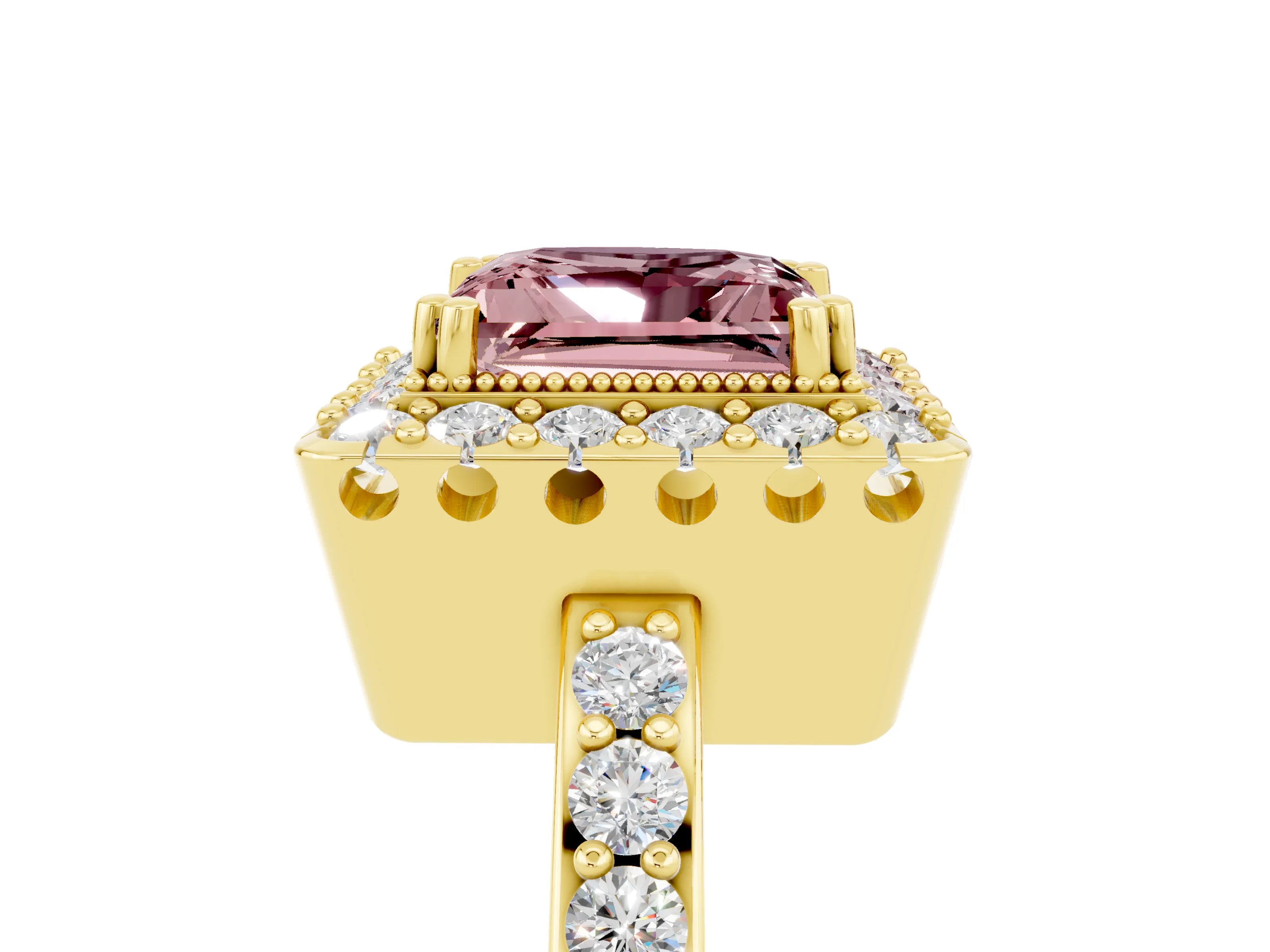 Yellow gold Princess Cut Diamond Halo Ring with Pavé Band and Prong Setting_5
