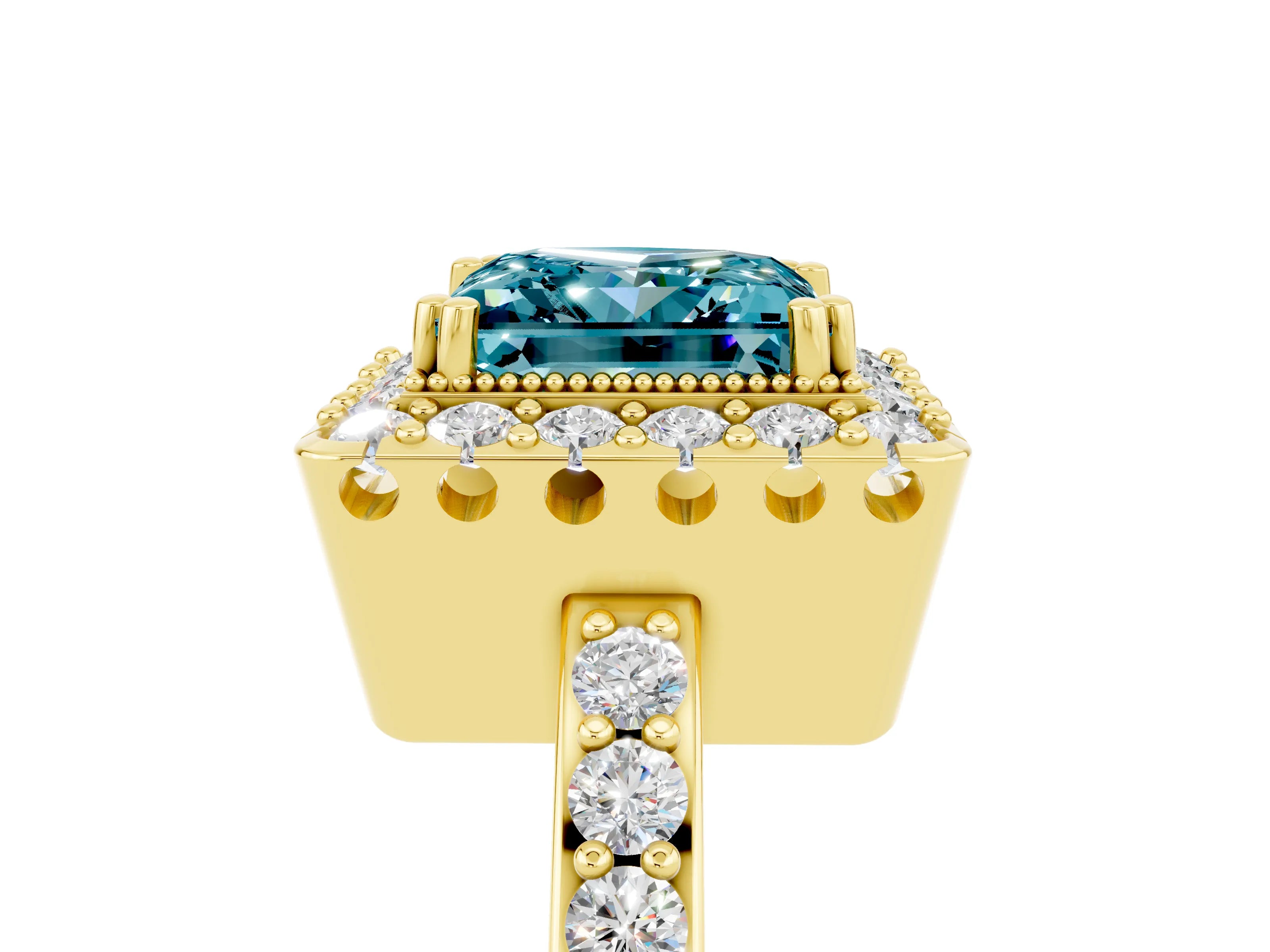 Yellow gold Princess Cut Diamond Halo Ring with Pavé Band and Prong Setting_5