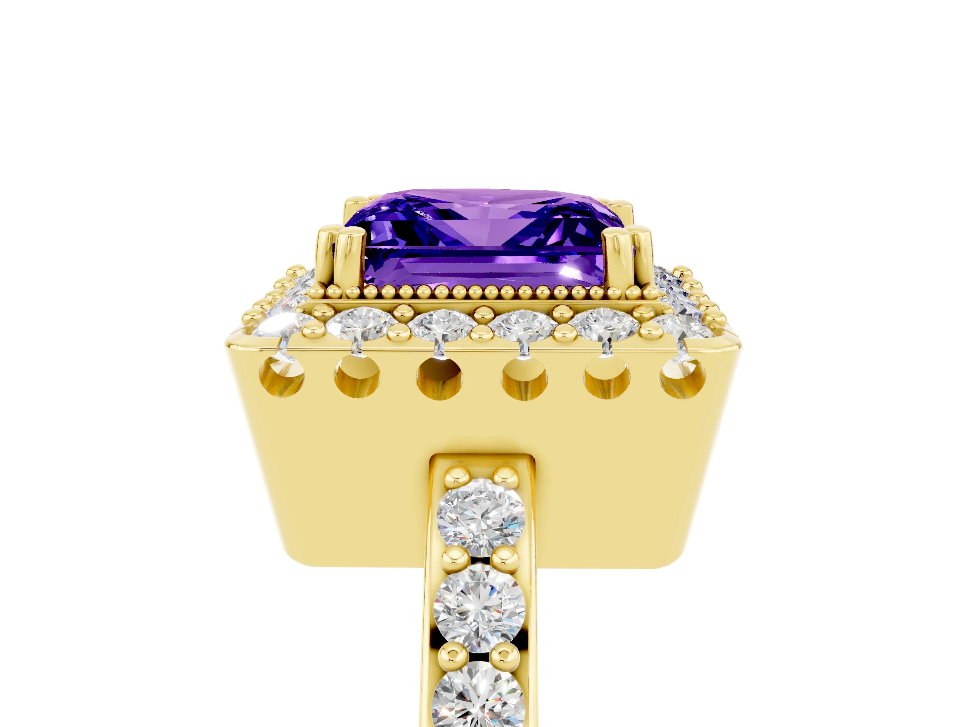 Yellow gold Princess Cut Diamond Halo Ring with Pavé Band and Prong Setting_5
