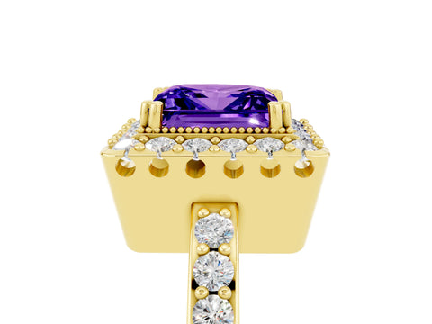 Yellow gold Princess Cut Diamond Halo Ring with Pavé Band and Prong Setting_5
