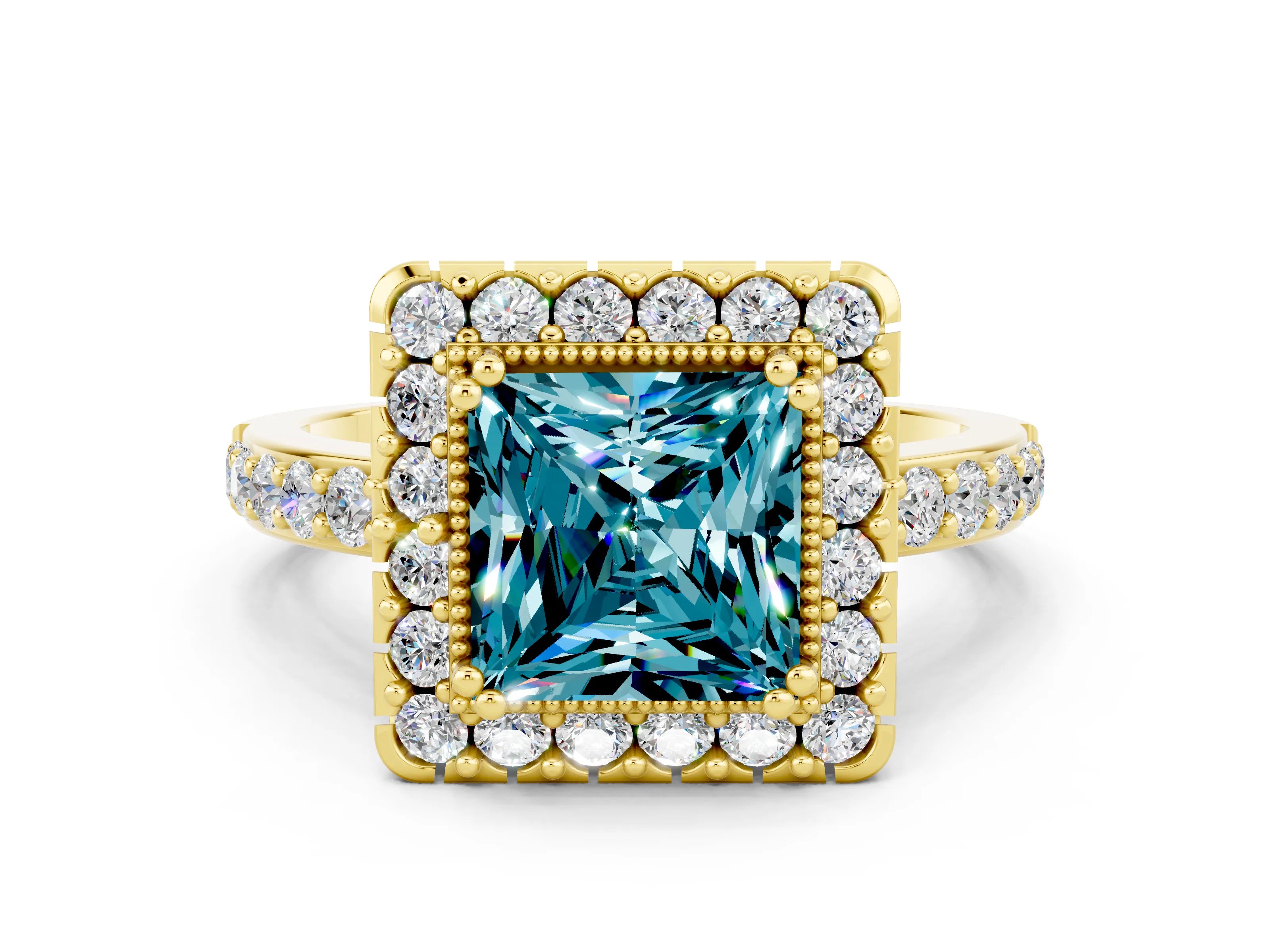 Yellow gold Princess Cut Diamond Halo Ring with Pavé Band and Prong Setting