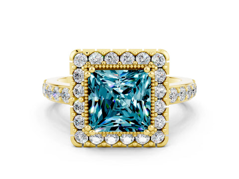 Yellow gold Princess Cut Diamond Halo Ring with Pavé Band and Prong Setting