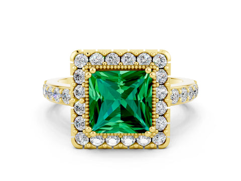 Yellow gold Princess Cut Diamond Halo Ring with Pavé Band and Prong Setting