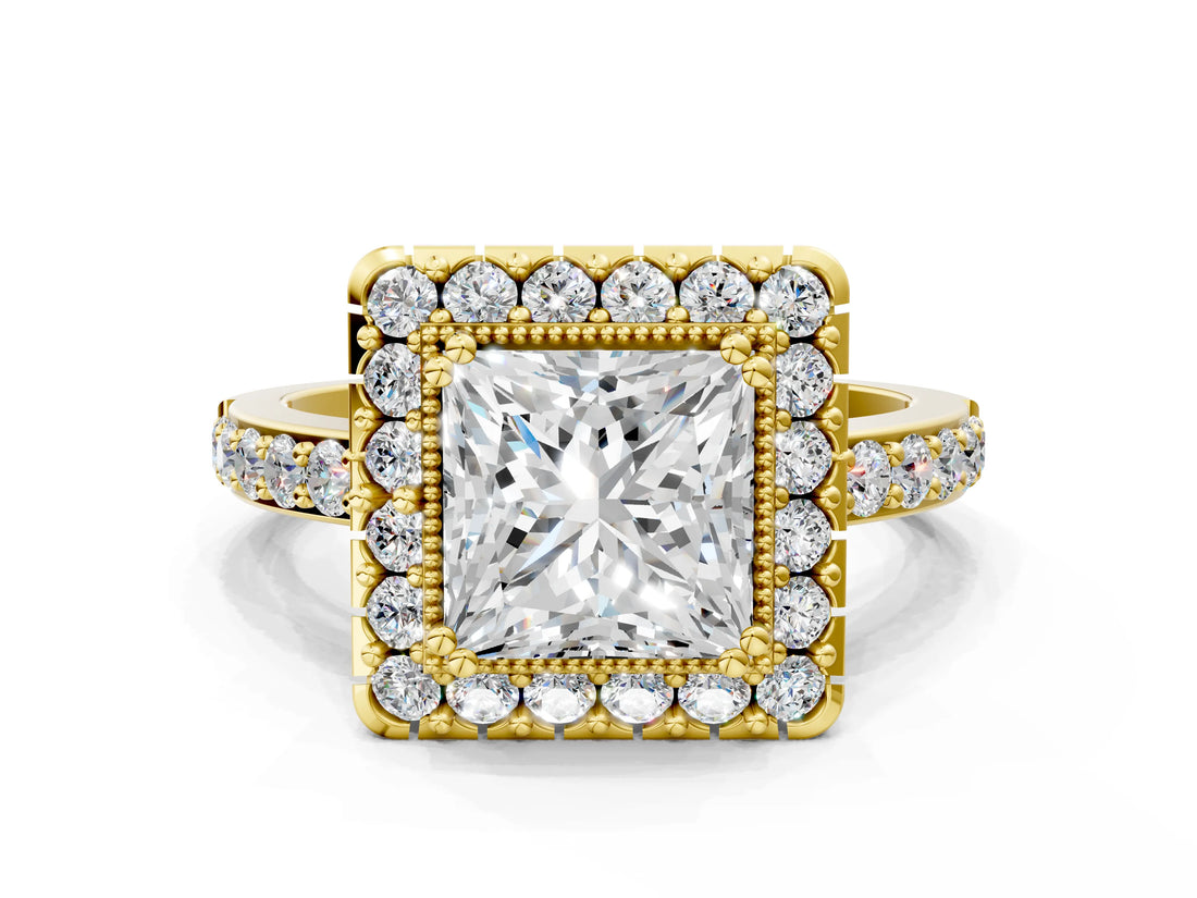Yellow gold Princess Cut Diamond Halo Ring with Pavé Band and Prong Setting_7