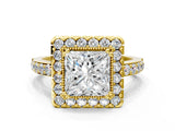 Yellow gold Princess Cut Diamond Halo Ring with Pavé Band and Prong Setting_7